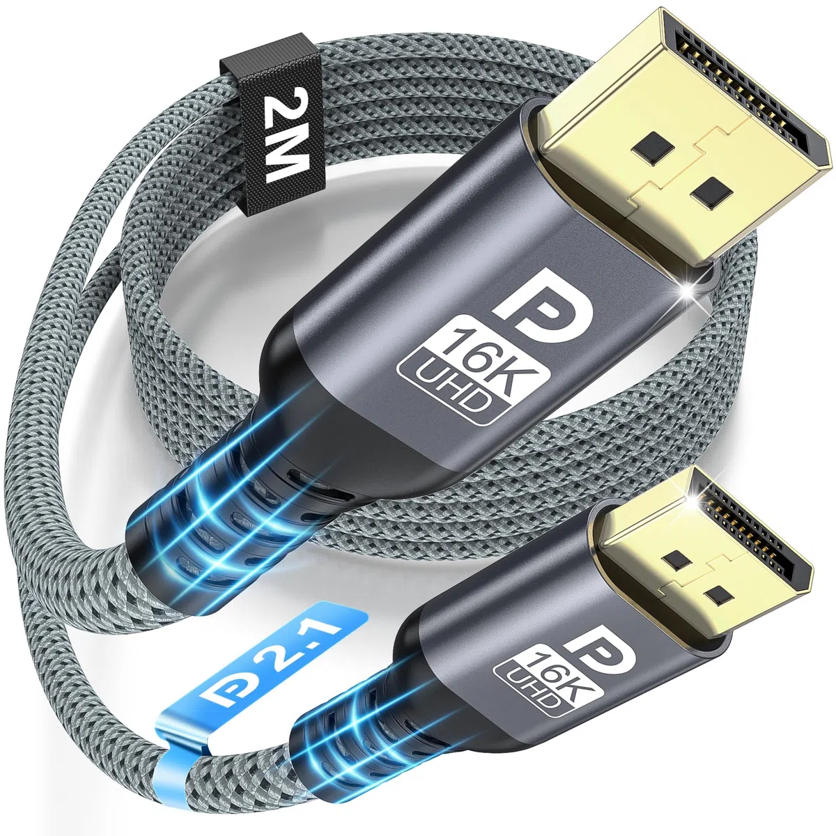 Kabel DisplayPort 2.1 16K, Kabel DP 2 m do Gry, 16K@60Hz/8K@120Hz/4K@240Hz/165Hz/144Hz, Obsługuje 80Gbps, HDR, FreeSync, G-Sync, DSC 1.2a, HDCP 2.2 dla PC, HDTV, Monitor,Laptop,KartyGraficzne