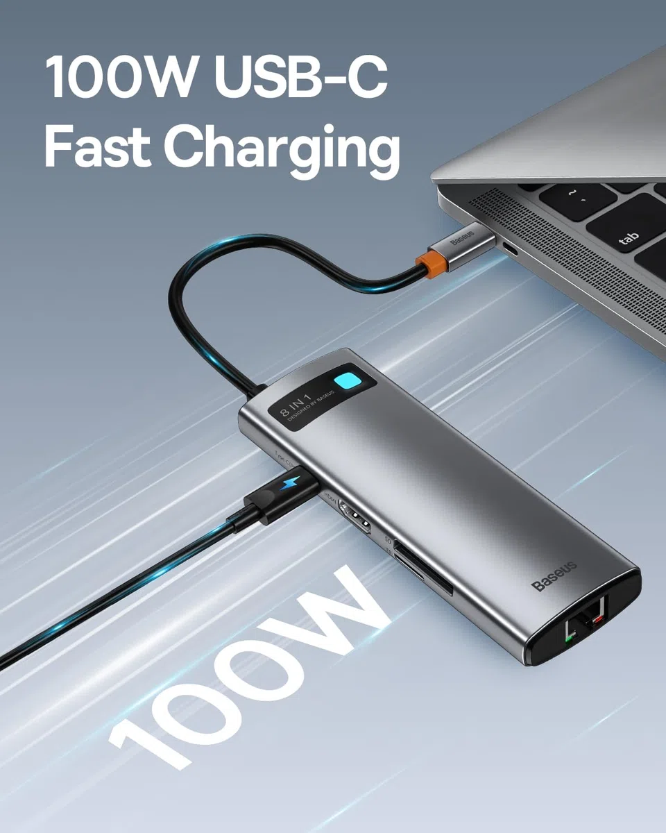 Baseus Adapter 8 w 1 USB C z HDMI 4K, Gigabit Ethernet, 100 W PD, 3 USB A 3.0, czytnik kart SD/TF, stacja dokująca USB do laptopów MacBook Pro/Air, Surface Pro, iPad Pro, Dell, Steam Deck itp