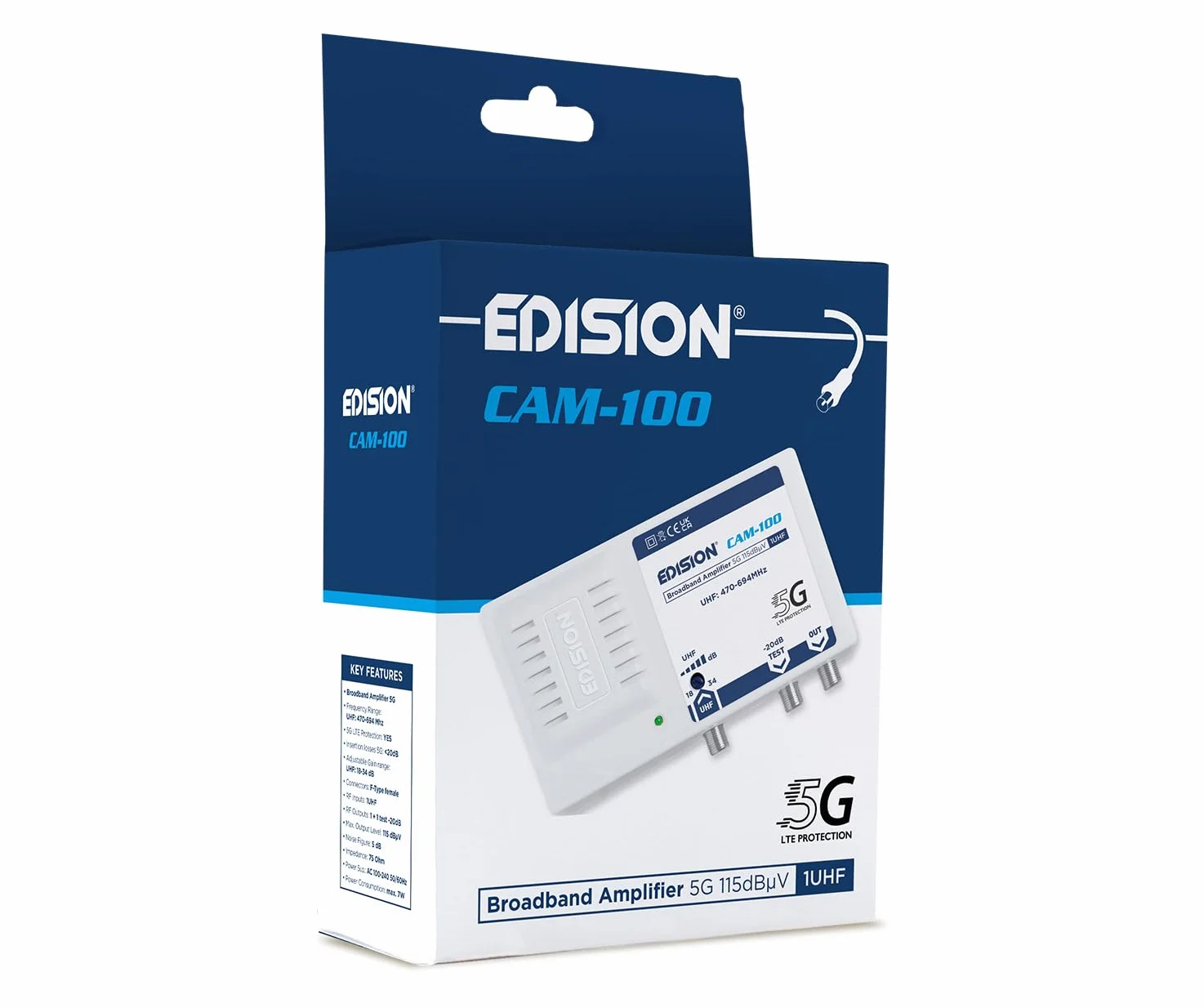 EDISION CAM-100 wzmacniacz szerokopasmowy 1UHF, regulacja 18-34 db, 115 dBmV, wzmacniacz antenowy odpowiedni do naziemnych DVB-T/T2, filtr 5G LTE, zakres częstotliwości UHF 470-694 MHz