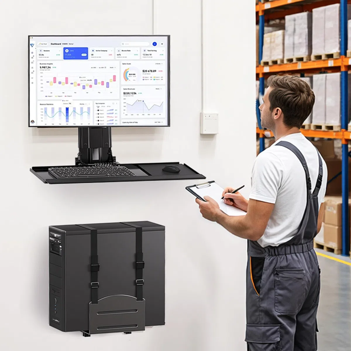 Uchwyt ścienny do monitora i klawiatury z uchwytem na procesor do monitorów 81.3 cm (maks. 25 kg), tacą na klawiaturę (obciążenie 2 kg) i uchwytem na procesor (pojemność 10 kg) - regulacja wysokości