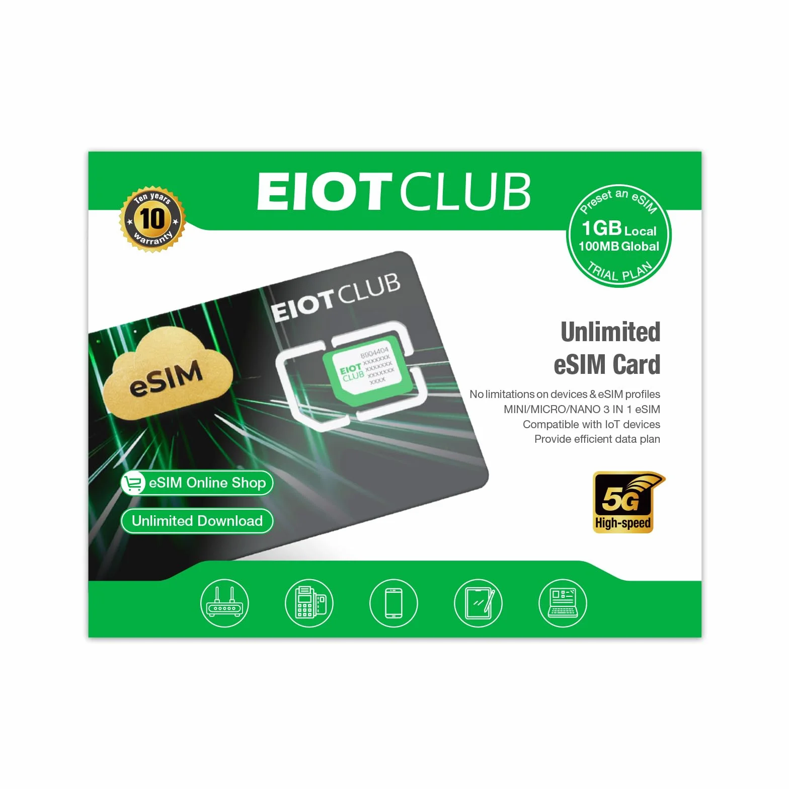 EIOTCLUB Karta ESIM do smartfonów z systemem Android, nieograniczone profile do pobrania, roaming danych w 33 krajach UE i ponad 200 krajach na całym świecie (Physical eSIM)