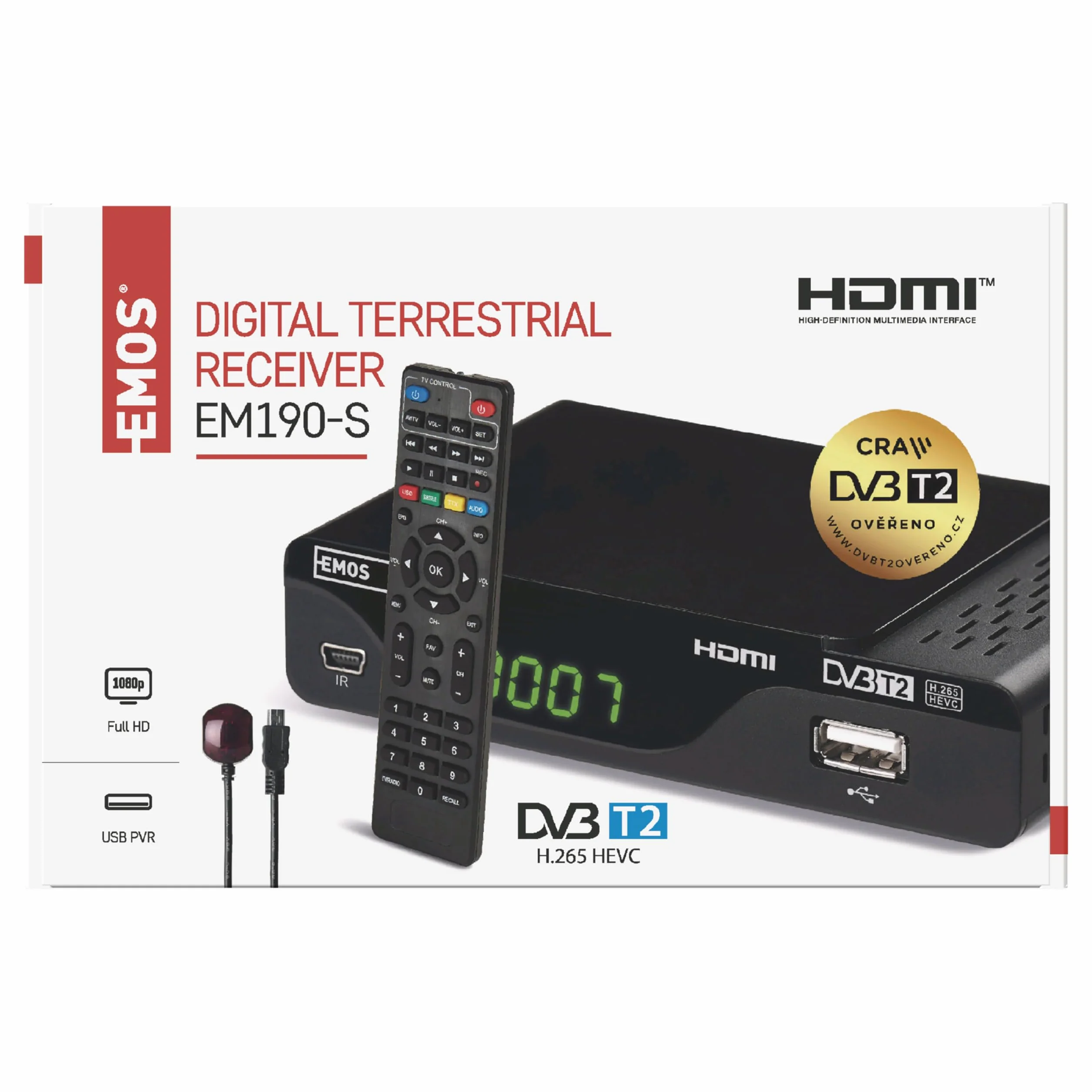 EMOS Dekoder DVB-T2 Tuner TV naziemnej HD H.265 HEVC USB HDMI SCART PVR