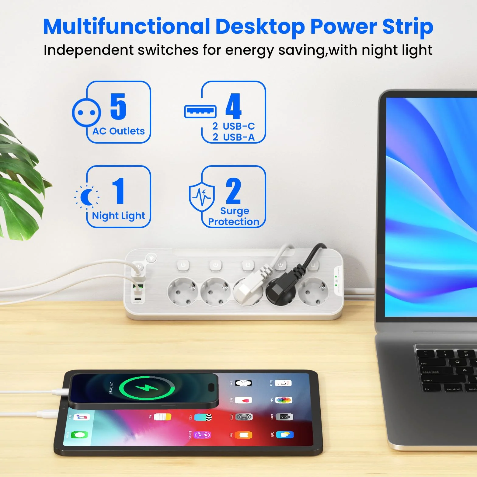 Listwa Zasilająca USB C, Wielokrotne Gniazdo z Wyłącznikami,5 Gniazdka Biurowa Listwa Przeciwprzepięciowa,Metal Listwa Zasilająca do Kuchni z Lampką Nocną,Narożne Gniazda Elektryczne 2M Kabel,Biały