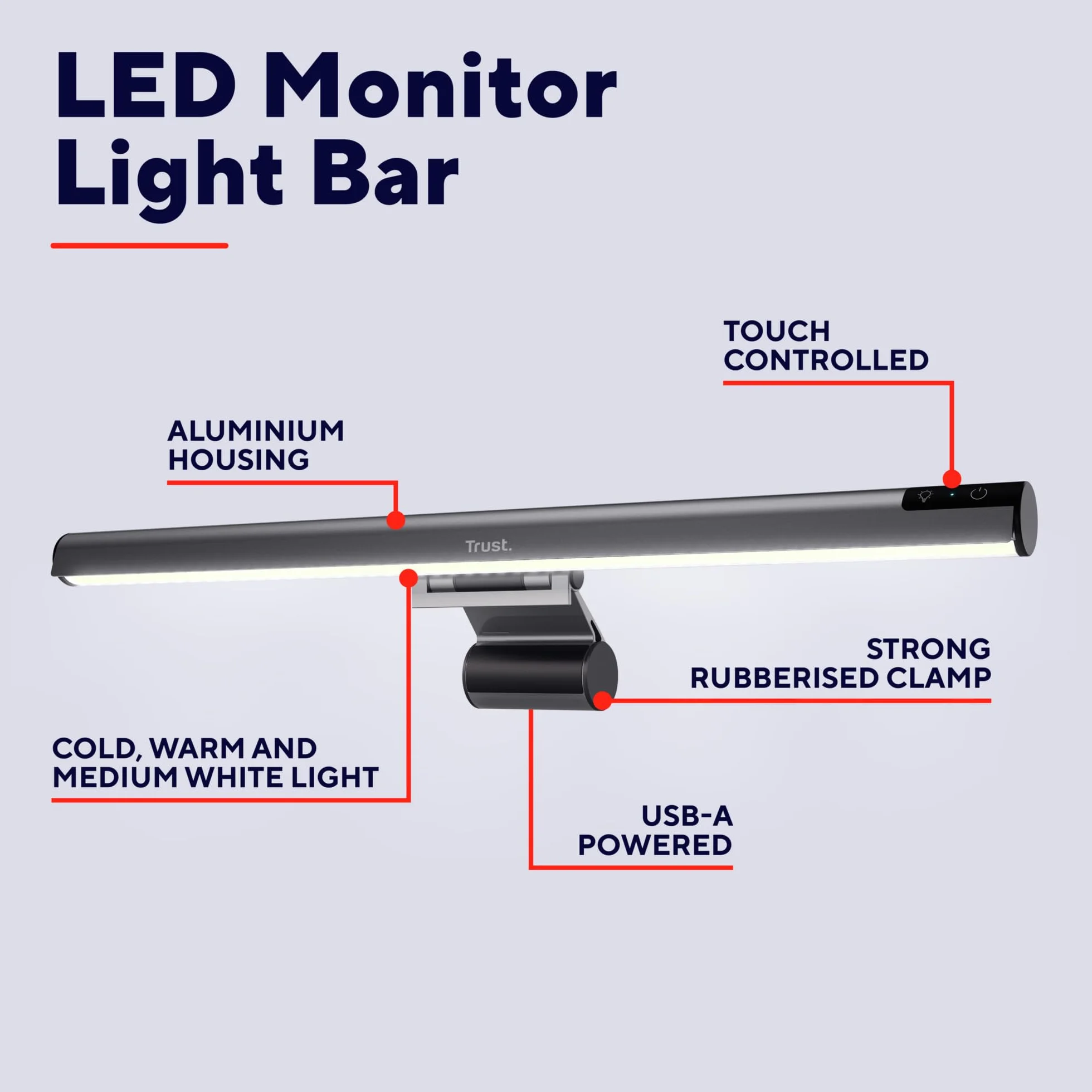 Trust Shyne Monitor Light Bar Anti-Blue Anti-glare lampa USB 42 cm, ciepłe/zimne/średnie białe światło, regulowana temperatura i jasność, kompaktowa lampa dotykowa bez migotania lampa robocza do
