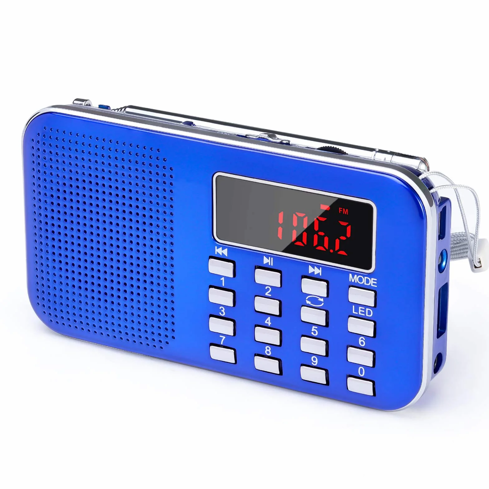 PRUNUS J-908 Przenośne radio AM FM na baterie z latarką awaryjną, mini ładowalne radio USB/TF MP3 niebieski