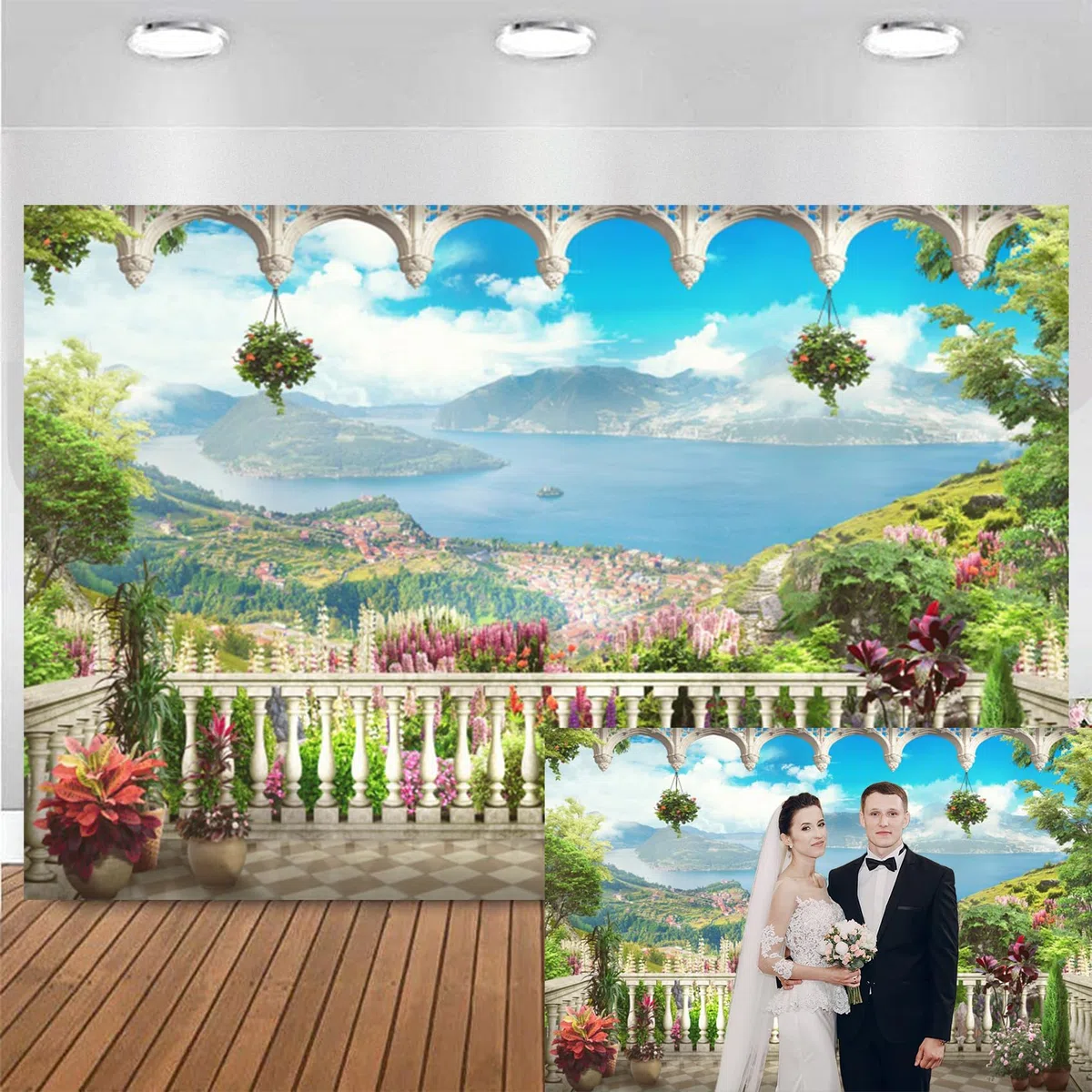 Tło balkonowe 4 x 3 m winyl romantyczny pałac balkon ogród natura krajobraz fotografia tło góry morze niebieskie niebo europejski styl pawilon tło do portretu sesji zdjęciowej studio