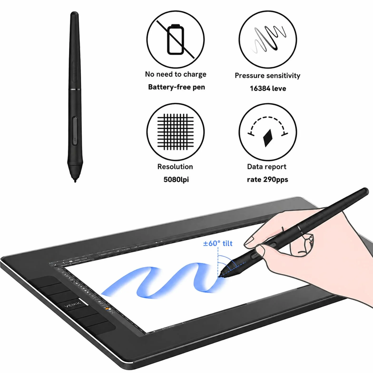 VEIKK VK1200V2 Tablet graficzny z ekranem 120% sRGB, ekran IPS Full HD, 6 klawiszy skrótów, rysik bez baterii, kompatybilny z systemami Linux / Windows / Mac 11,6"