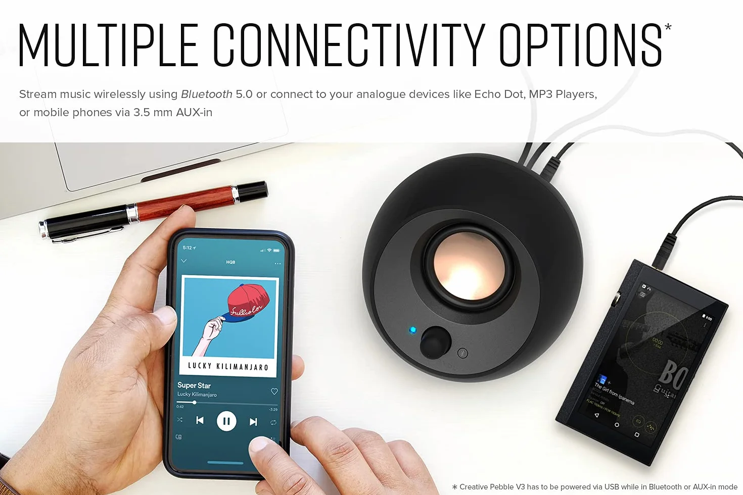 CREATIVE Pebble V3 głośnik biurkowy 2.0 USB C Bluetooth 5.0 8W 16W biały