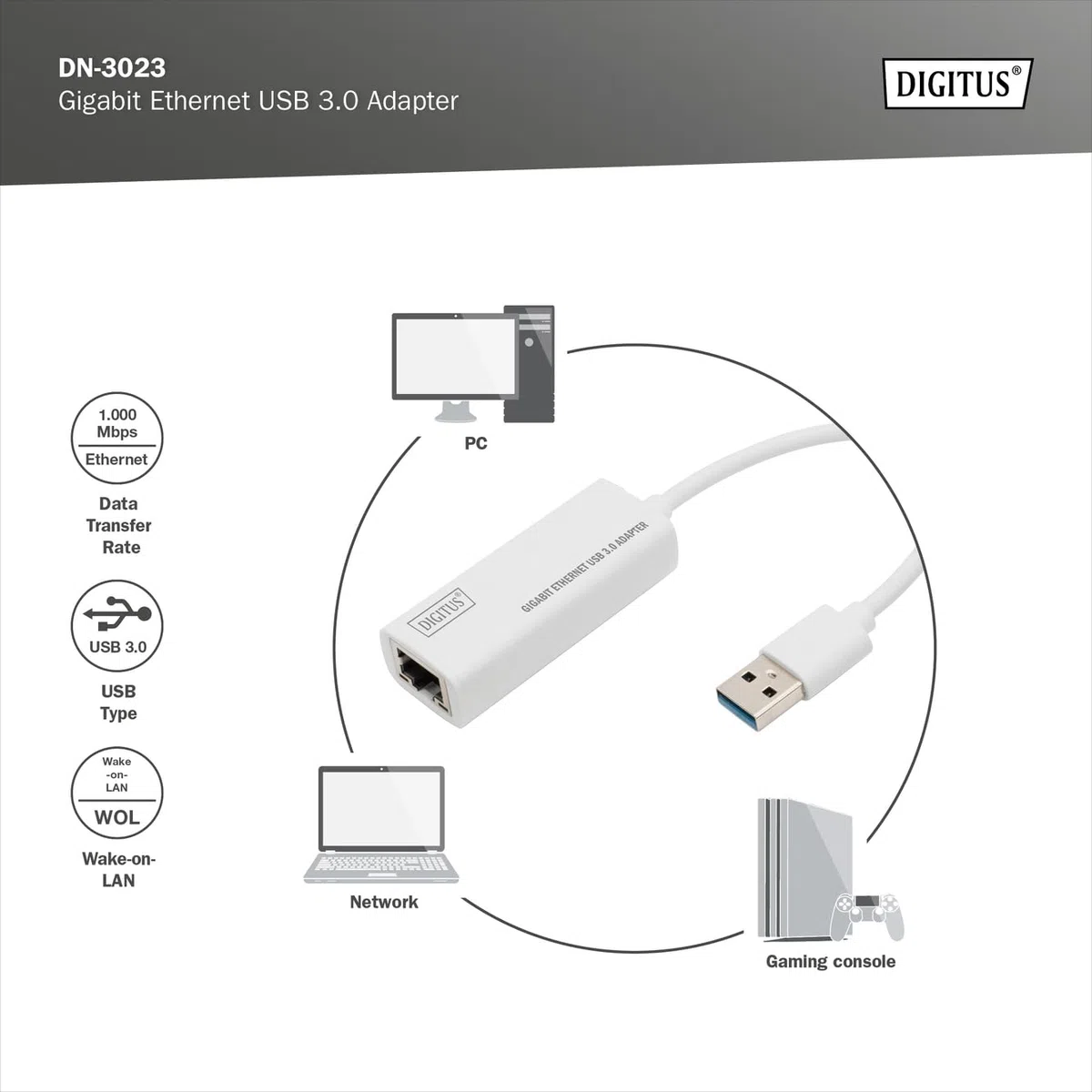 DIGITUS adapter sieciowy przez USB 3.0 – Gigabit Ethernet 1 GBit/s RJ45 – dodatkowe połączenie LAN za pomocą wtyczki USB-A