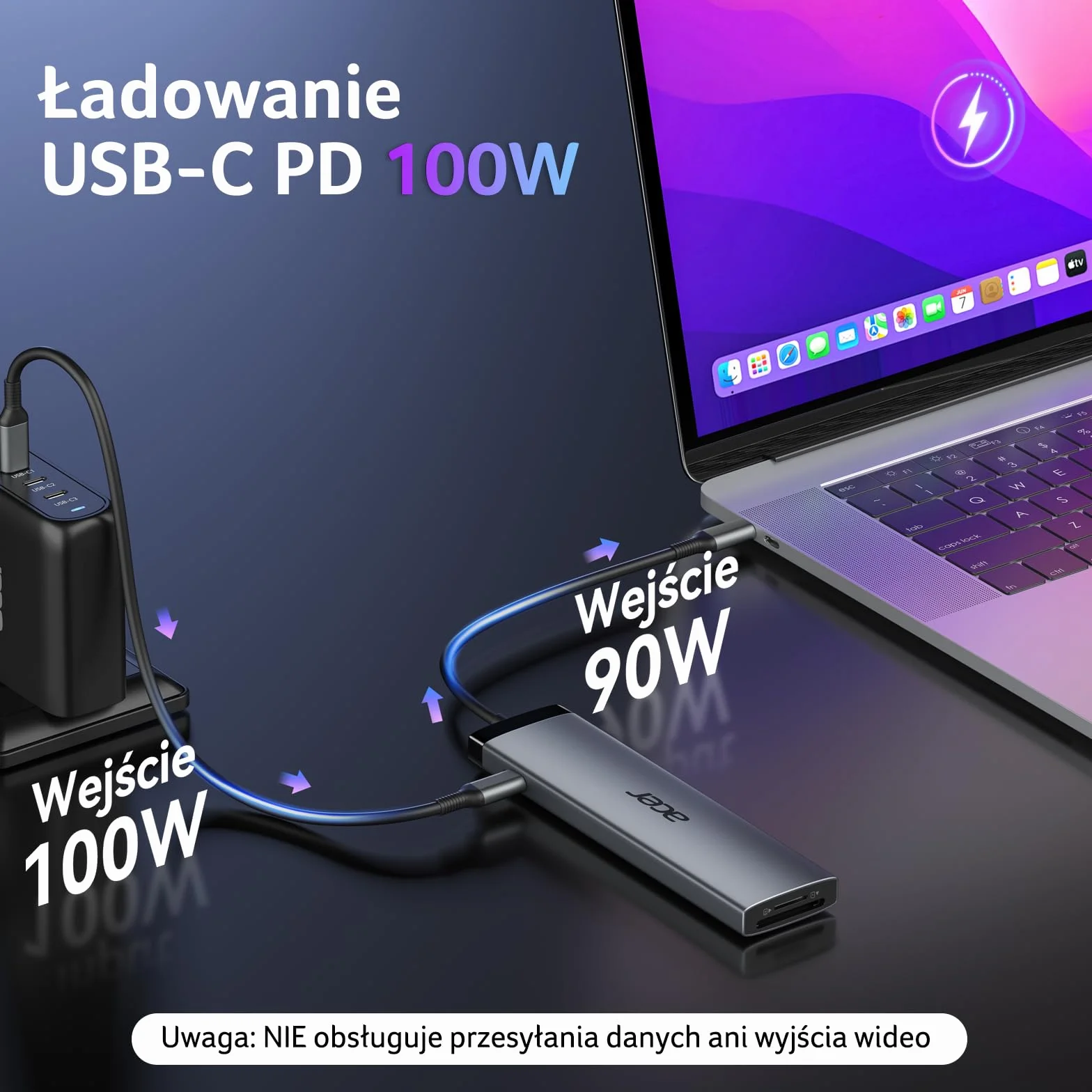 Acer 8 w 1 Hub USB-C 10Gbps Adapter USB-C do HDMI 4K@60Hz 2×USB-C 3.2 2×USB A 3.0 Port PD 100W Rozdzielacz wieloportowy typu C z czytnikiem kart SD/TF