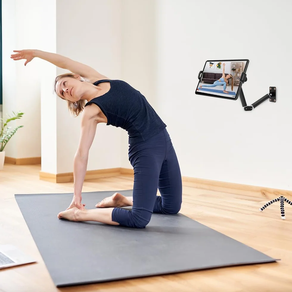 Uchwyt ścienny na tablet 360° obrotowy aluminiowy wysuwany składany z dzieloną podstawą kompatybilny z iPadem, Kindle, iPhone