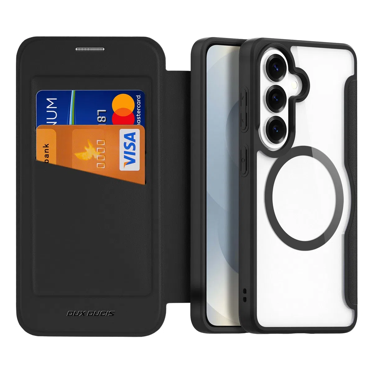 DUX DUCIS Magnetyczne etui do Galaxy S26 Plus, [kompatybilne z MagSafe] Premium Flip skórzane przezroczyste etui ochronne na telefon komórkowy z blokadą RFID do Galaxy S26 Plus (czarne)
