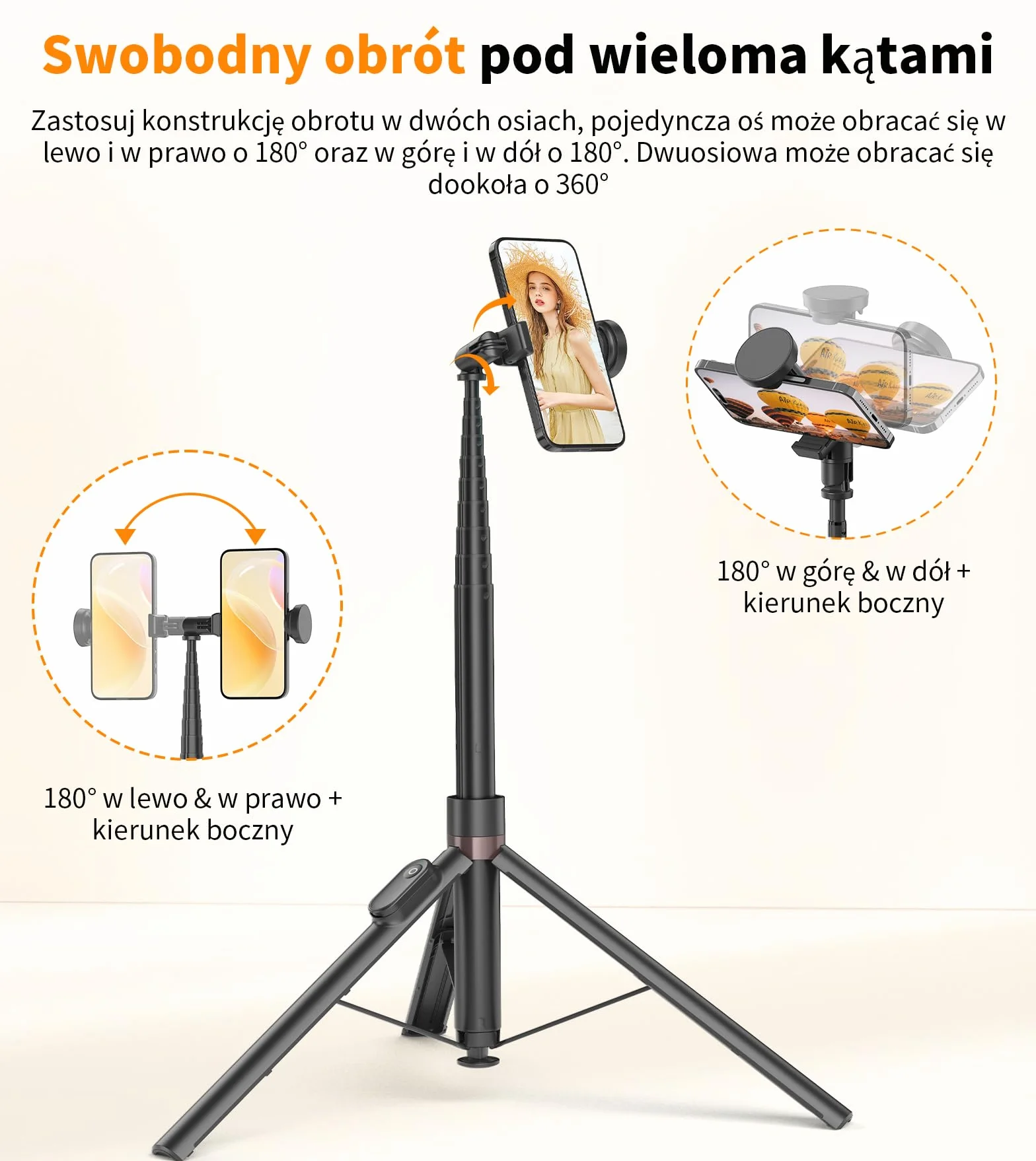 TONEOF Automatyczny Statyw do Selfie 168cm z Magnetycznym Pilotem Obrotowy 360° na iPhone Android Czarny