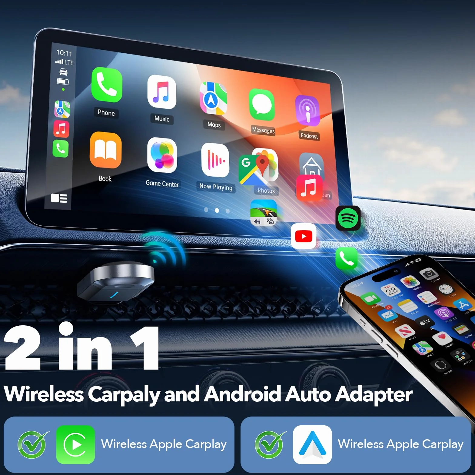 LAMTTO 2-w-1 bezprzewodowy adapter CarPlay, mały bezprzewodowy adapter Carplay i Android Auto z USB-C/A, Plug & Play, stabilne połączenie, działa bez opóźnień dla iOS 10+/Android 11+ i samochodów od