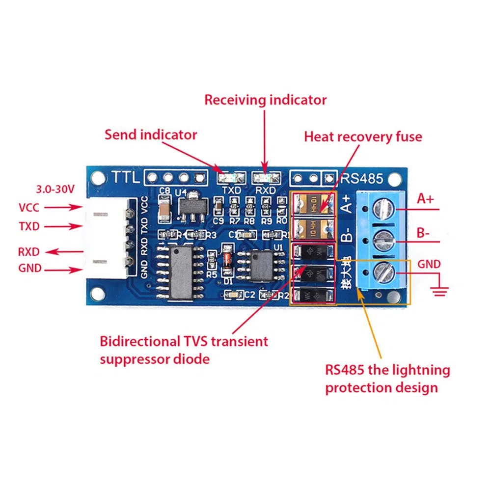 Zestaw 2 adapterów TTL na RS485 moduł 3,3 V 5 V sygnał szeregowy port konwerter zasilania do Arduino AVR z kablem 24AWG