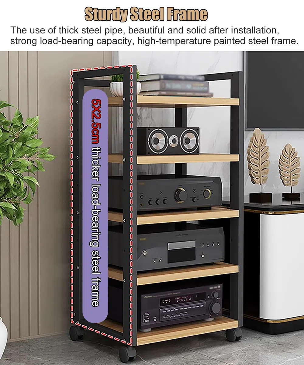 Stojak Na Sprzęt Audio-Wideo Do Salonu/Domu, Stojak Na Sprzęt Stereo, Stojący, Wytrzymały, Z Regulowaną Wysokością Półki I Kółkami, Czarny, Nr 2,5