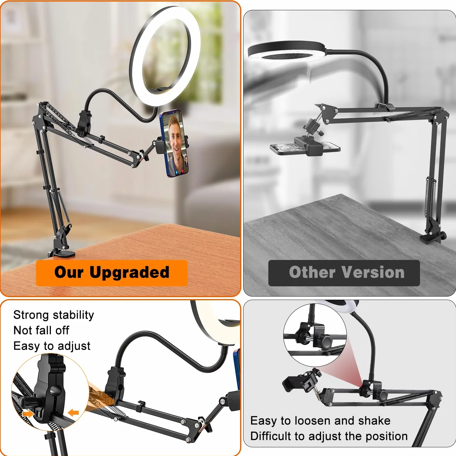 Lampa pierścieniowa LED ze statywem, telefon komórkowy, 10", elastyczny statyw na telefon komórkowy, lampa pierścieniowa, ściemniana, lampa pierścieniowa, 3 kolory światła + 10 poziomów jasności