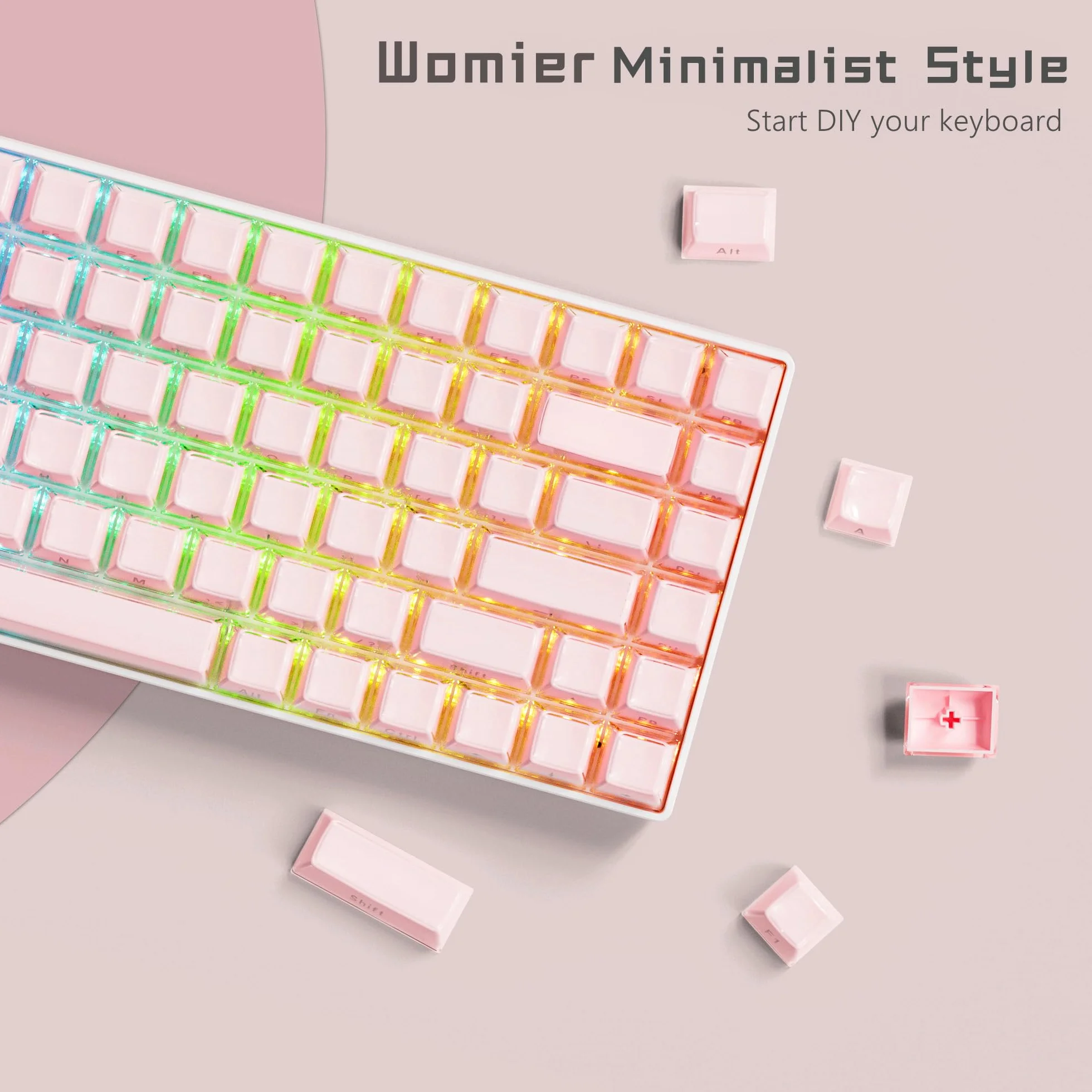 Womier Keycaps, Crystal Jelly Keycaps 60 65 75 100 Percent, Side Printed Elegant Key caps Custom113 Keys, OEM Profile for 61/68/84/87/98/100 Cherry Gateron MX Mechanical, Pink