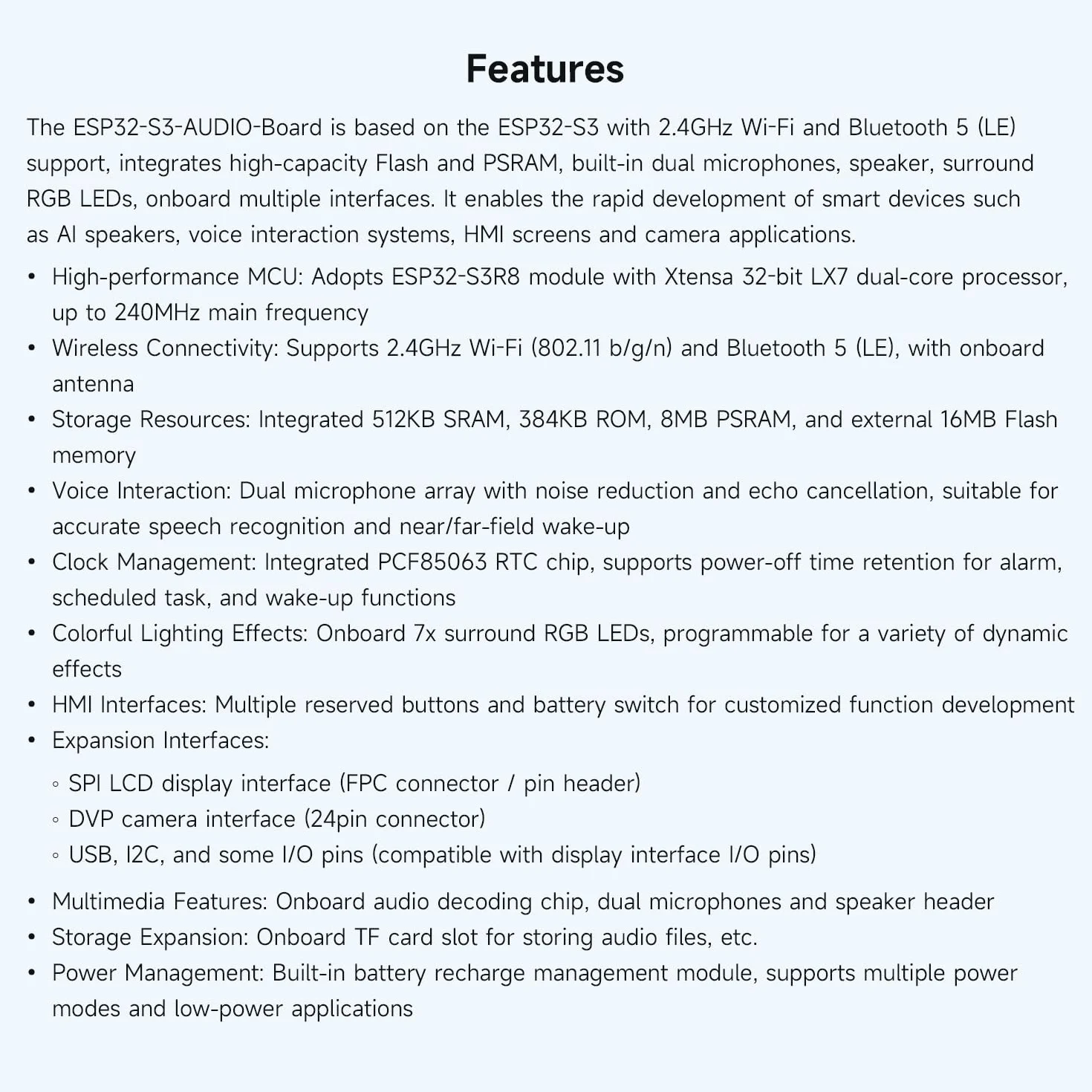 Waveshare ESP32-S3 AI Smart Speaker Development Board, podwójne mikrofony, redukcja szumów, oświetlenie RGB, wyświetlacz zewnętrzny i obsługa kamery