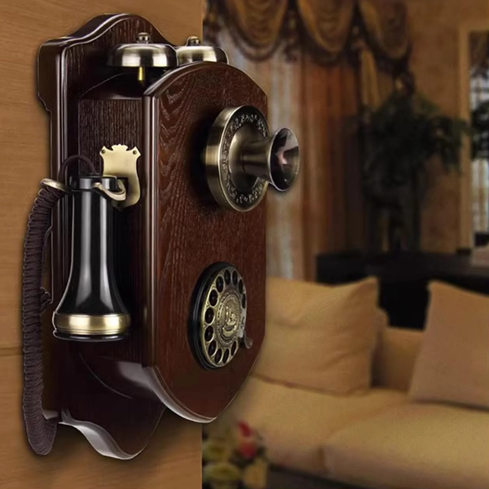 HJMMWT Telefon ścienny w stylu retro, przewodowy telefon stacjonarny, tarcza w stylu vintage z lat 60., staromodny do domu, biura, wystrój z mechanicznym dzwonkiem
