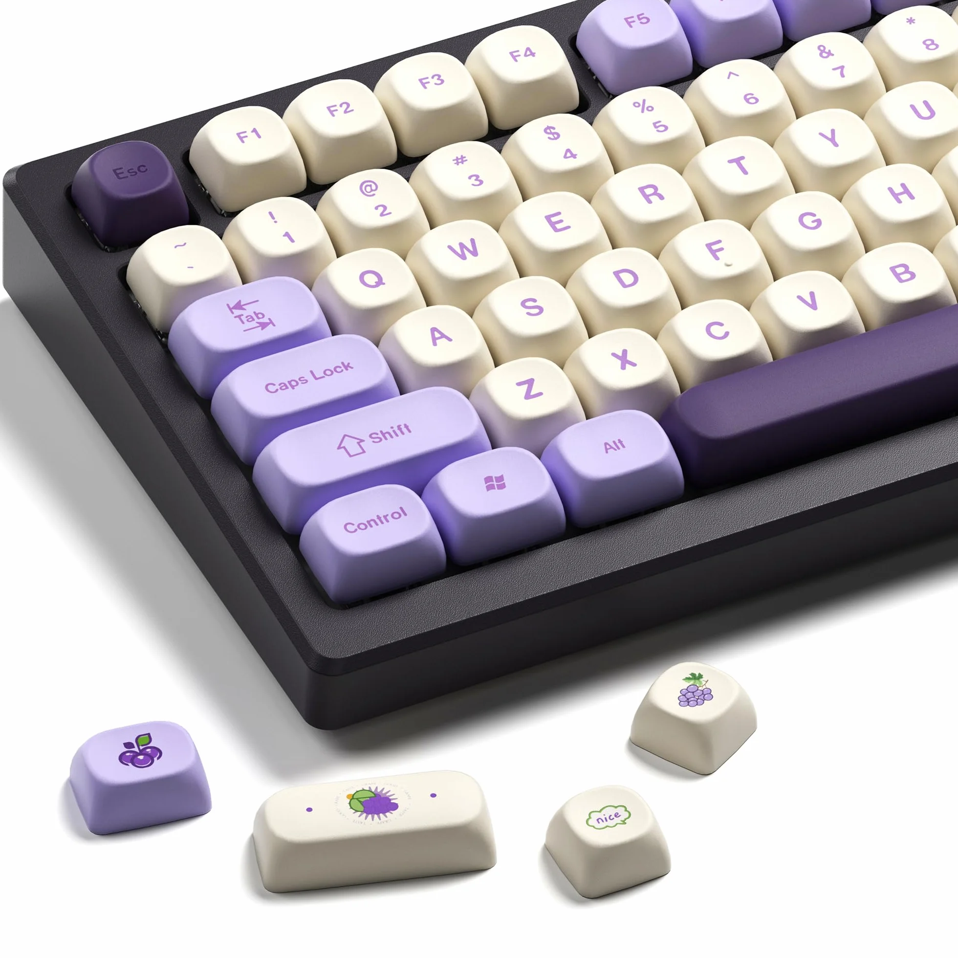 XVX MOA Profile Purple Grape Theme PBT Dye-Sub Keycaps, Custom Keycap Set for Mechanical Keyboards (Compatible with Cherry MX Switches, Purple & White Design)