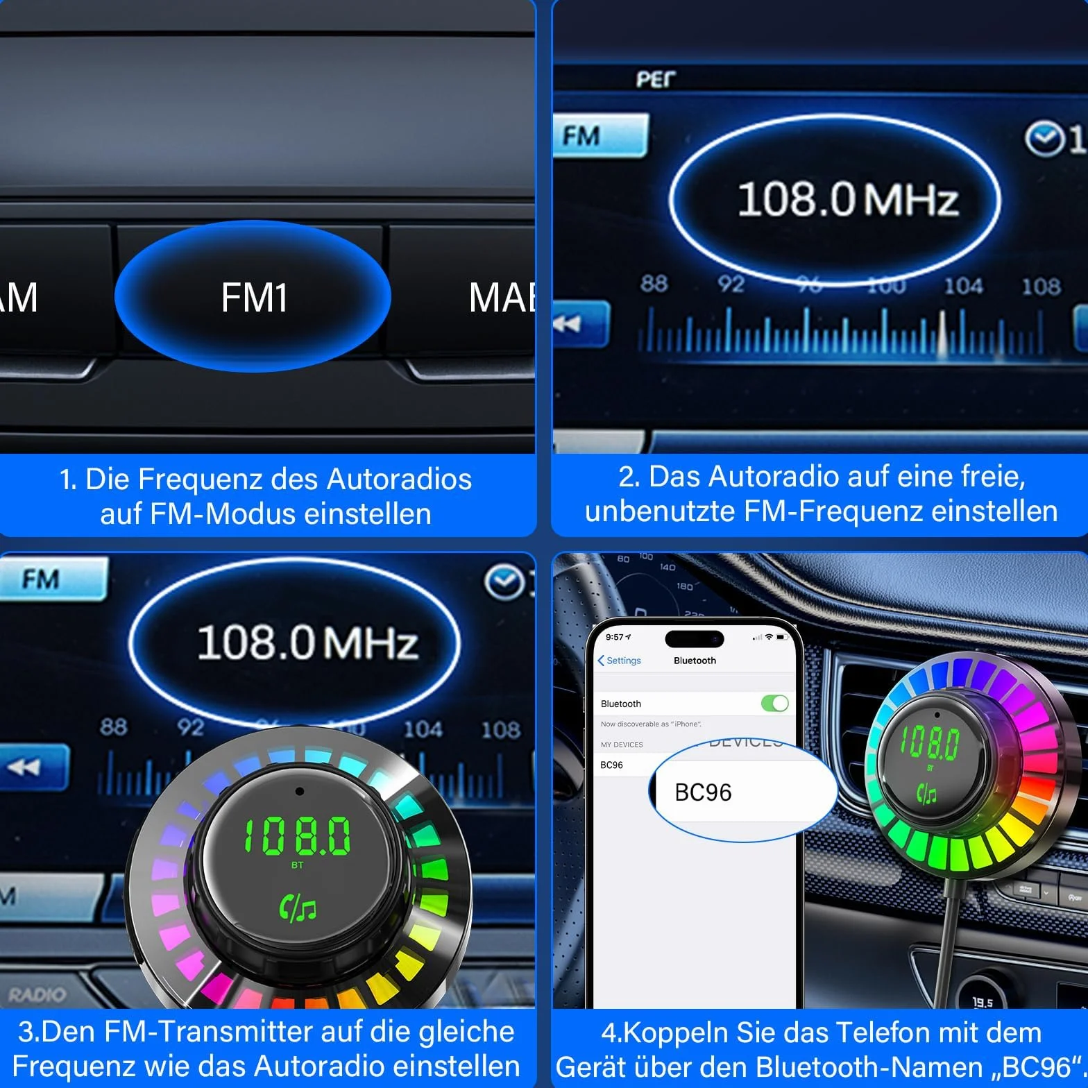 Adapter Bluetooth samochodowy FM z RGB, zestaw głośnomówiący Bluetooth 5.3, PD30W USB-C QC3.0, ładowarka samochodowa do iPhone Android