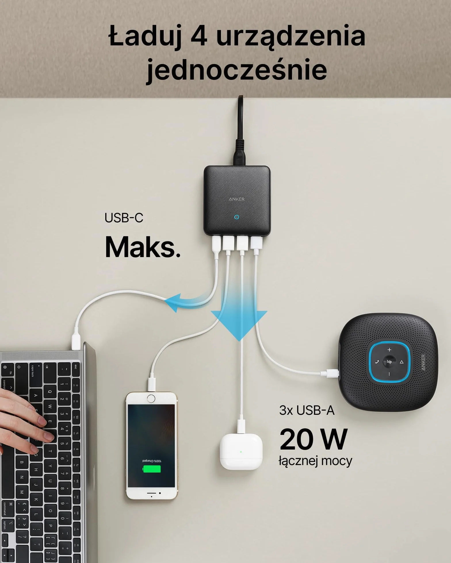 Ładowarka Anker, stacja ładująca 65 W z 4 portami, szybka ładowarka USB PIQ 3.0 i GaN, smukła ładowarka ścienna PowerPort Atom III – port USB C 45 W