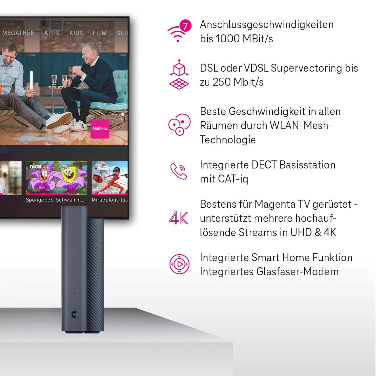 Telekom Router Speedport 7 I Wi-Fi 7 router do podłączenia telekomunikacyjnego, modem światłowodowy, do 6760 Mbit/s, zintegrowana technologia Mesh i magenta SmartHome, idealny do oglądania telewizji w