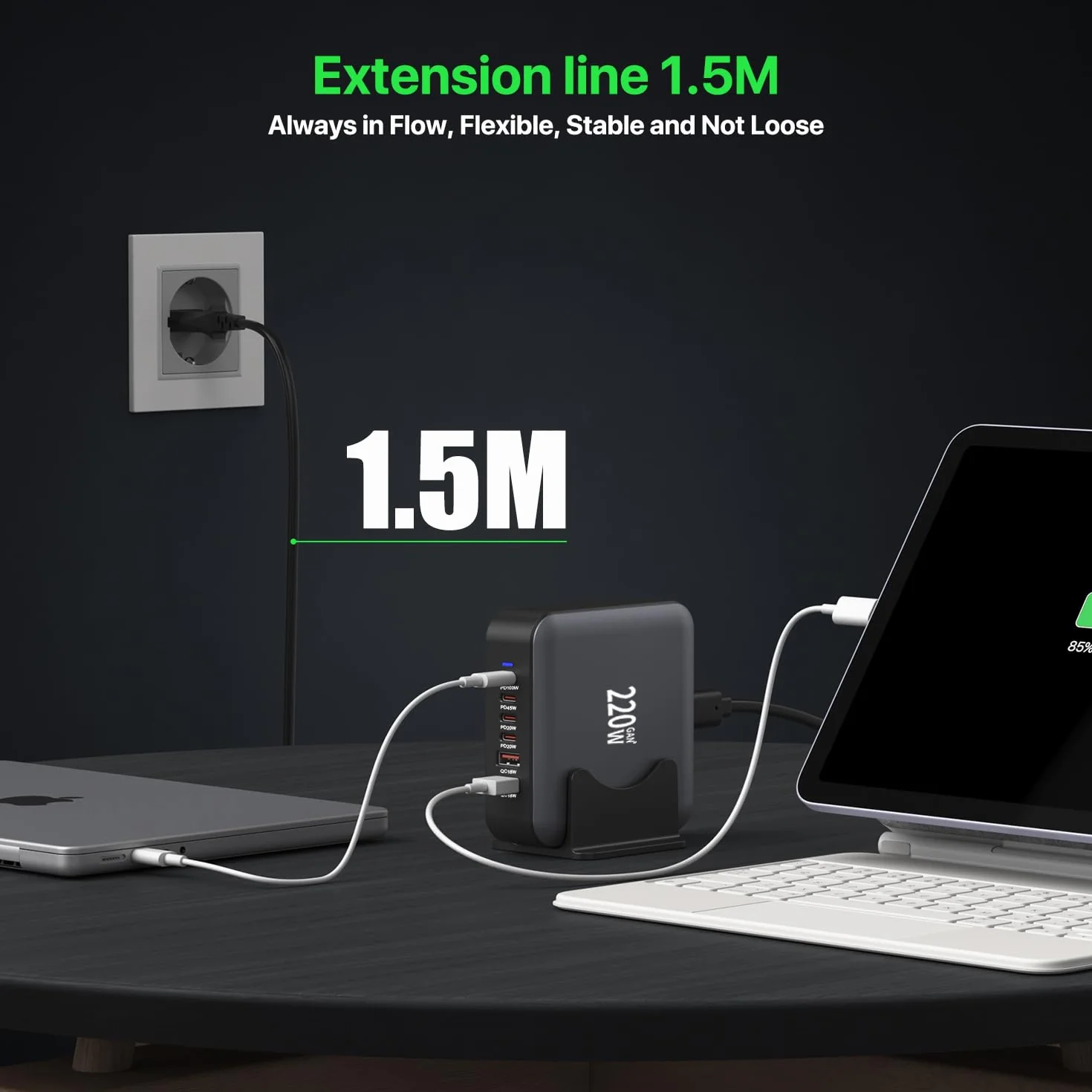 Ładowarka USB C, 6-portowa stacja ładująca 220 W, 【4 USBC + 2 USBA】 Hub szybki kompaktowy adapter zasilania GaN, zasilacz PD USB-C + ładowarka QC kompatybilna z iPhone/iPad/Samsung/Laptop