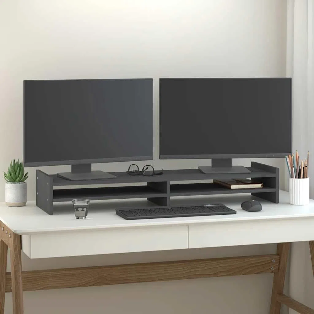 Hothingwell Stojak na monitor z litego drewna sosnowego 100 x 27 x 15 cm szary, minimalistyczny design z miejscem do przechowywania klawiatury i akcesoriów