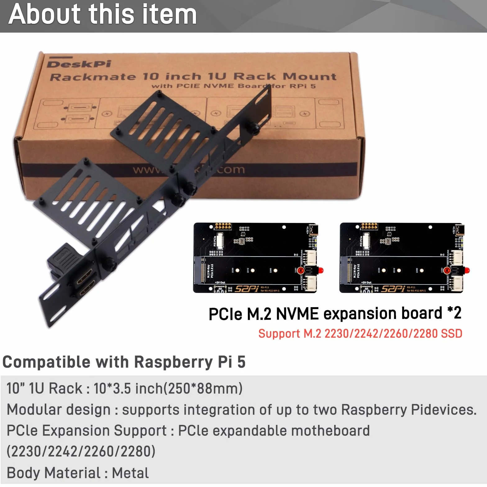 GeeekPi 10-calowy uchwyt 1U do Raspberry Pi 5, adapter PCIe M.2 NVMe SSD, kompatybilny z DeskPi RackMate T0/T1/T2/TT