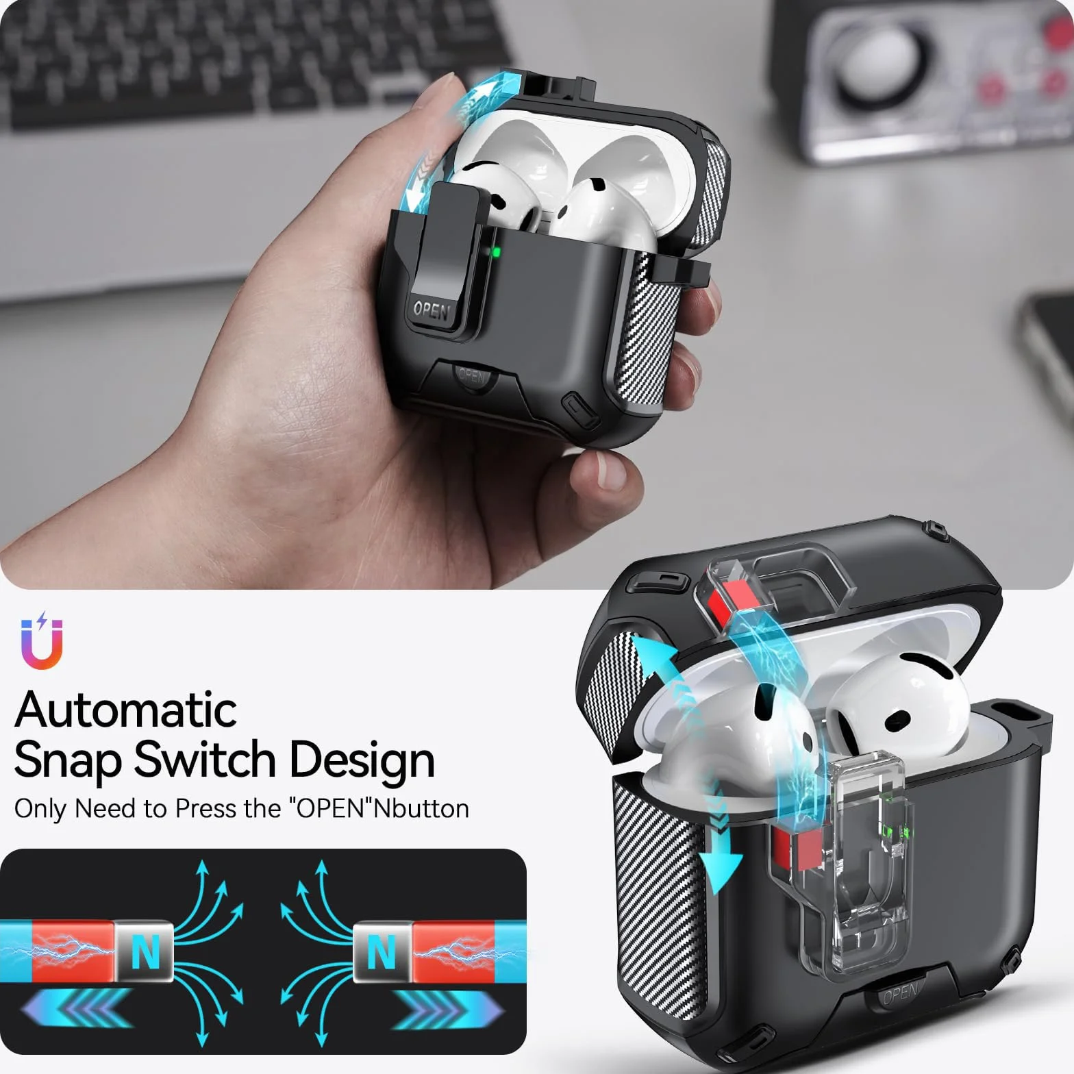 Kompatybilne z AirPods 4 Etui z podpórką telefoniczną, Etui ochronne w designie włókna węglowego dla AirPods 4 ANC z automatycznym zatrzaskiem i szczoteczką do czyszczenia (Czarny)