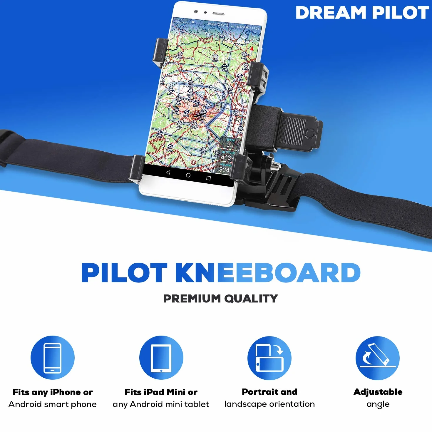 Dream Pilot Organizer na kolana pilot – uchwyt na telefon komórkowy, tablet, kompatybilny ze wszystkimi smartfonami, mini tabletami i iPadem Mini dla pilotów i kierowców ciężarówek – mocowanie na