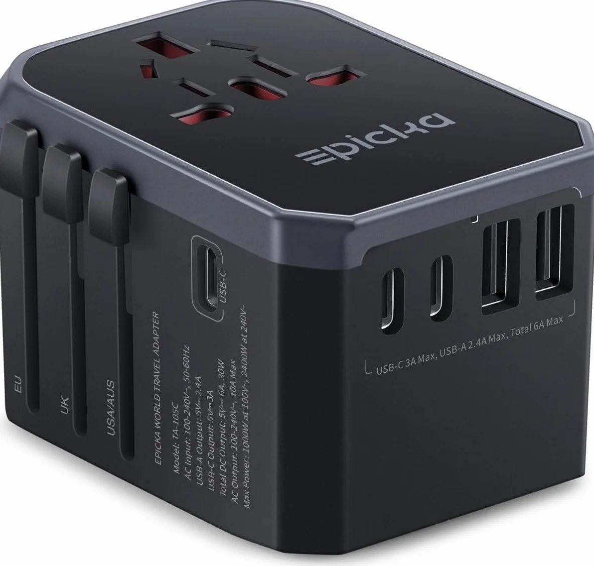 EPICKA Uniwersalny Adapter Podróżny, Adapter Podróżny na Całym świecie, Uniwersalny Adapter z 3 USB-C, 2 USB-A, Międzynarodowy Adapter do Gniazdk do Niemiec, USA, Tajlandii, Australii, Czarny