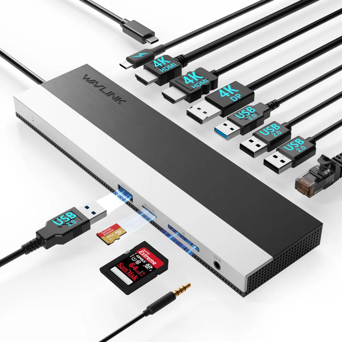 WAVLINK Stacja dokująca USB C, 3 monitory, stacja dokująca z podwójnym HDMI, DP, 100 W PD, USB 3.0 i 2.0, RJ45, gniazda SD/TF, audio/mikrofon, kompatybilna tylko z komputerami z systemem Windows