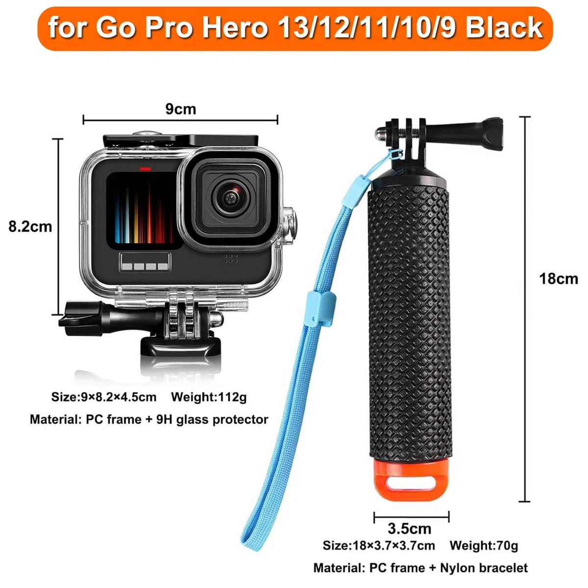 BO&DQQ Wodoodporna obudowa 60 m kompatybilna z Go Pro Hero12 czarny/Hero11 czarny/Hero10 czarny/Hero9 czarny, ochronna obudowa do nurkowania podwodnego z uchwytem aparatu, zestaw akcesoriów do montażu