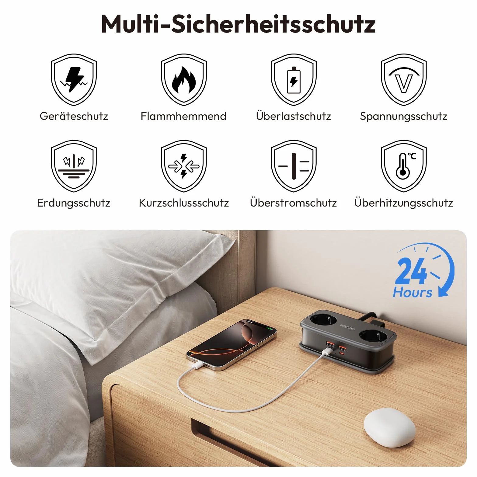 Listwa zasilająca NTONPOWER 2 gniazda USB-C 65W PD płaska wtyczka 2500W 1,5m czarna