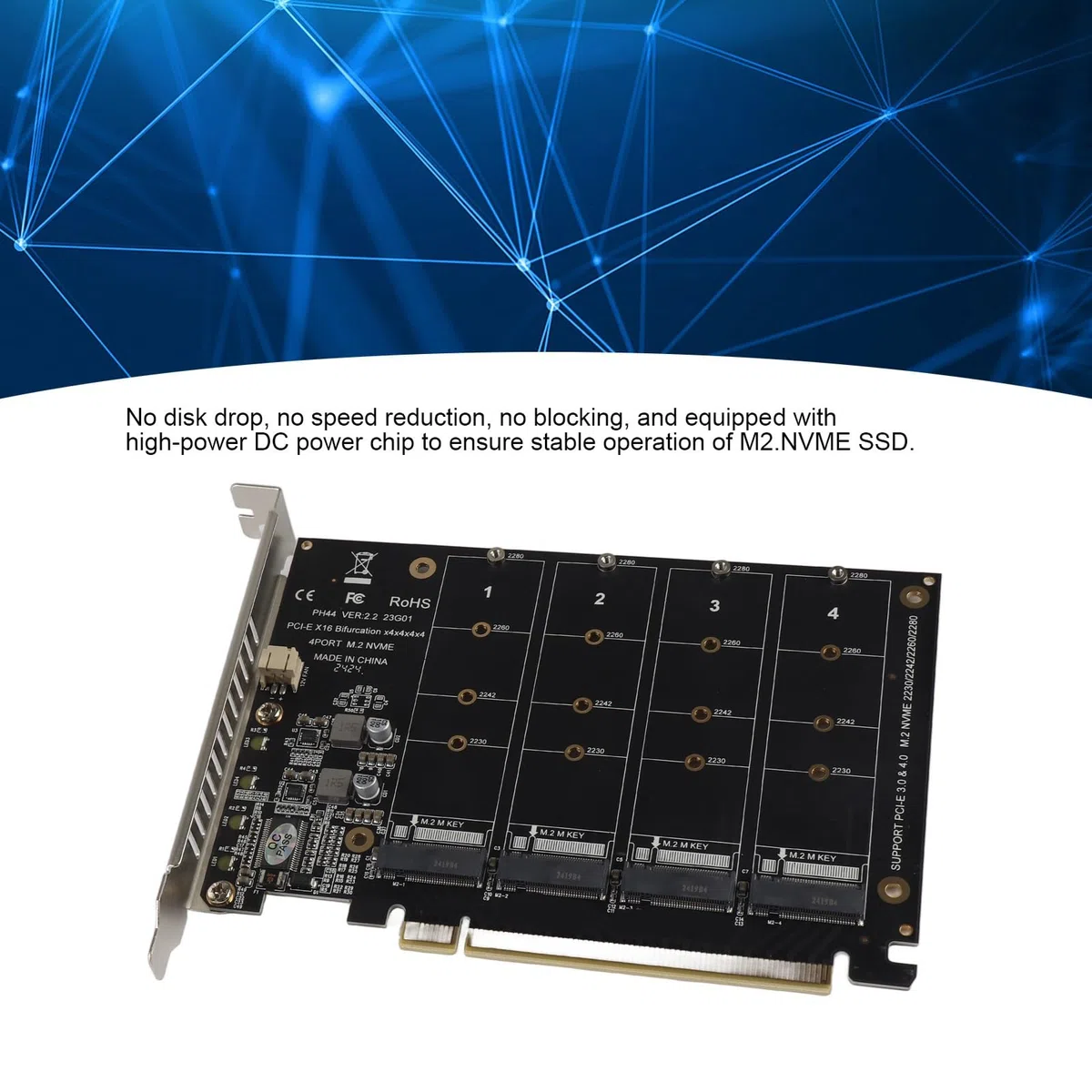 4-portowa Karta Rozszerzeń Kontrolera Hosta NVMe do PCI-e, Adapter M.2 NVME do PCIe X16, Karta Rozszerzenia Czytnika Dysków Twardych z Kluczem M(ph44)