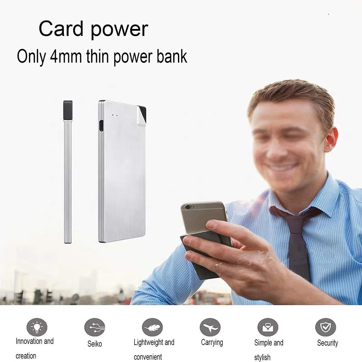 Powerbank Powerbank Ultracienka przenośna ładowarka do telefonu Wbudowany kabel Bateria zapasowa 2 wyjścia z 4 wskaźnikami LED do smartfonów, tabletów i urządzeń elektronicznych USB, srebrny, typ C