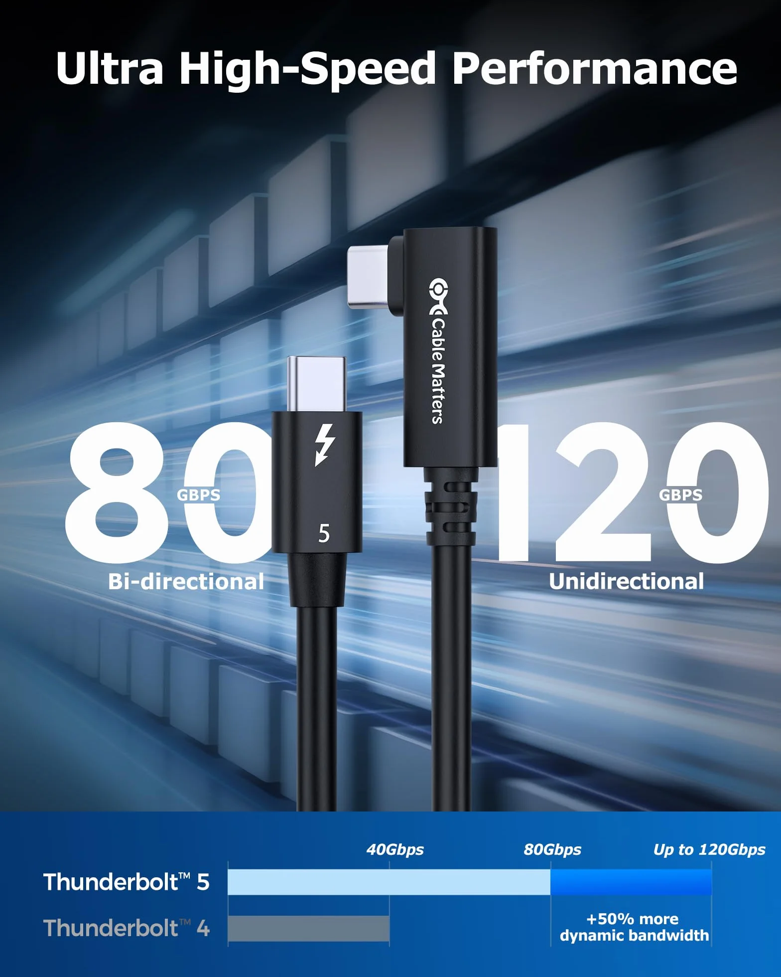 [Certyfikat Intel] Cable Matters kątowy kabel Thunderbolt 5 0,8 m – 80Gbps, Bandwidth Boost do 120Gbps, ładowanie 240W PD 3.1, zgodny z Thunderbolt 4/USB4/USB-C, czarny