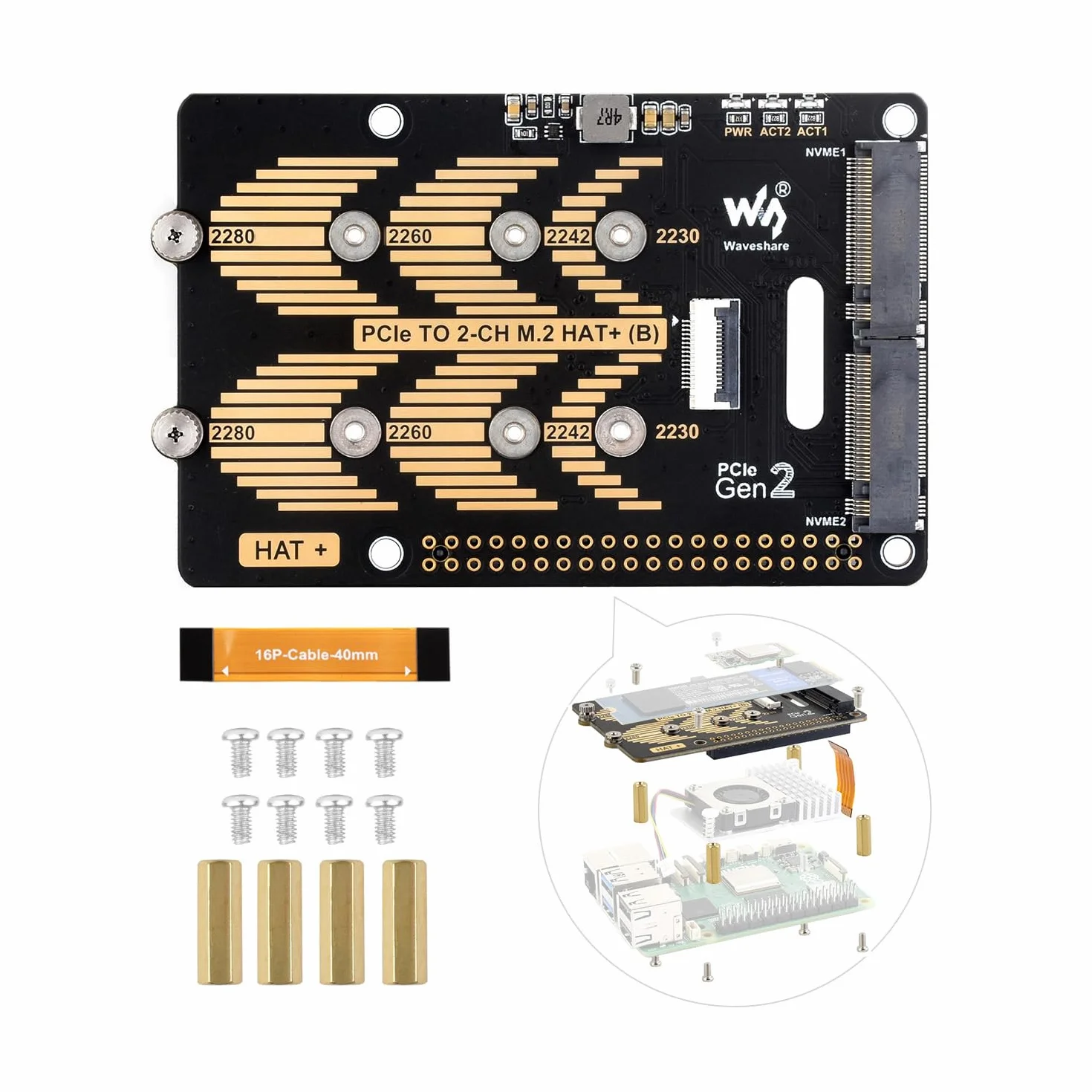 Waveshare PCIe to 2-CH M.2 HAT+ Adapter Type B Compatible with Raspberry Pi 5, Support 2280/2260 / 2242/2230 Size NVMe Protocol M.2 SS Solid State Drive High-Speed Reading/Writing NVMe HAT
