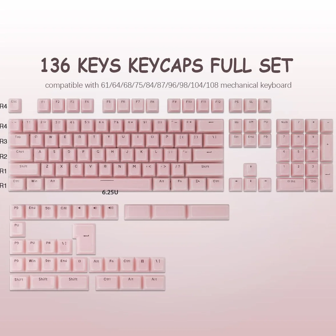 Sunzit Crystal Jelly Pink Keycaps, profil MDA, przezroczyste jadeitowe klawisze, 130 klawiszy błyszczą przez niestandardowe klawisze, zestaw nasadek na klawisze 60%, 65%, 75%, 100% Cherry MX