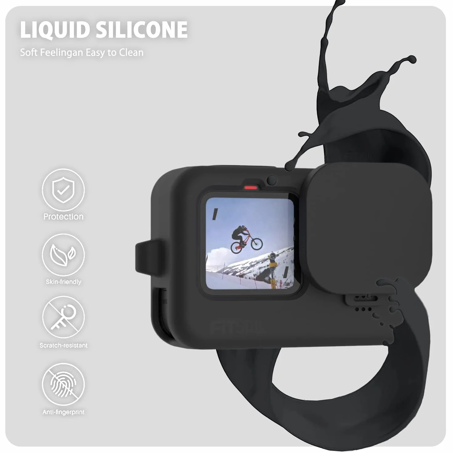 FitStill Silikonowe etui do Go Pro Hero 12/Hero 11/Hero 10/Hero 9, czarne, nakładki na obiektyw, ochraniacze ekranu i smycz do Go Pro Hero 12/11/10/9, czarny zestaw akcesoriów