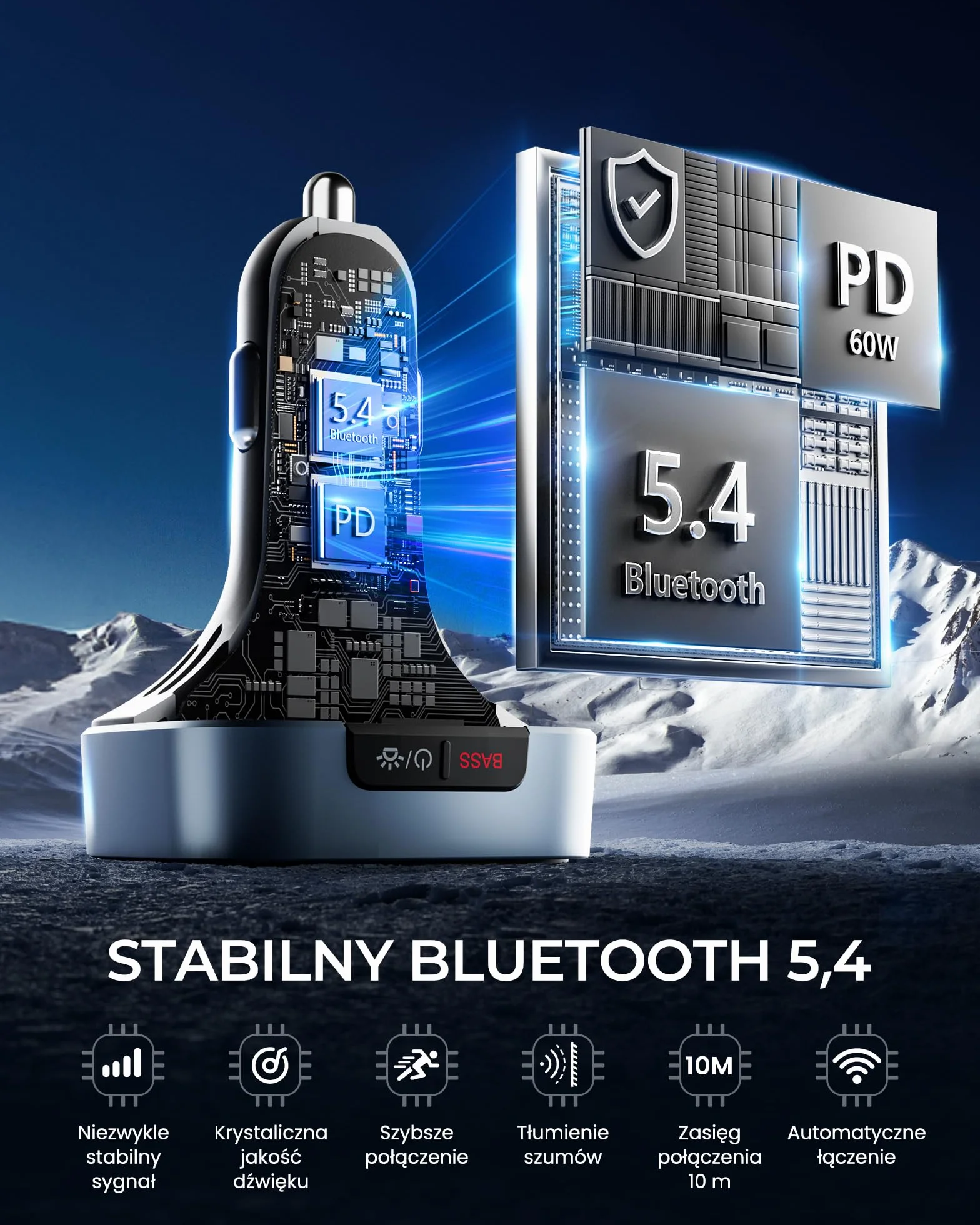 LENCENT Nadajnik FM Bluetooth 5.4 60 W Szybkie Ładowanie 2 USB-C PD 30 W Hi-Fi Głęboki Bas LED