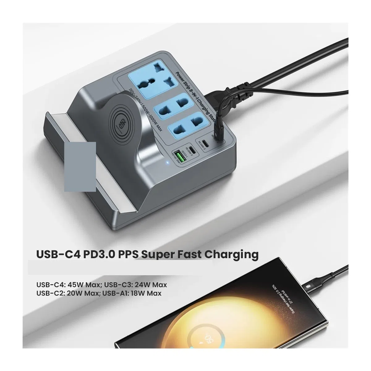 Szybka ładowarka biurkowa 8 w 1 z wieloma portami USB typu C PD Bezprzewodowa ładowarka Stojak 3 Przedłużacz gniazdka elektrycznego Przenośny i kompaktowy