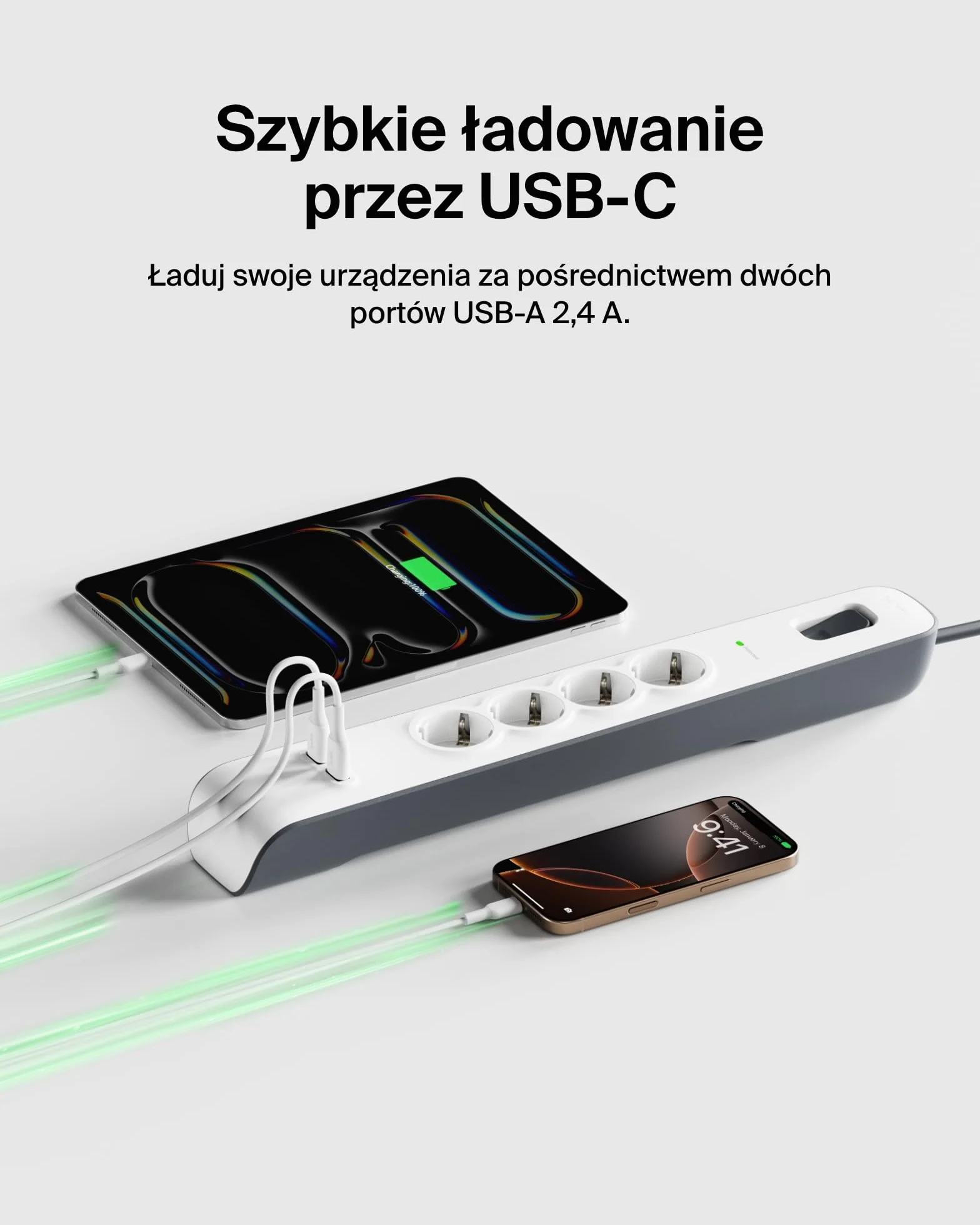 Belkin Surge Plus listwa zasilająca z 4 gniazdami z zabezpieczeniem przeciwprzepięciowym (w zestawie 2 złącza USB z kablem 2,4 A, 2 m) biała/szara