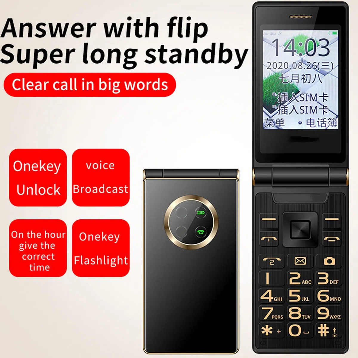 Starszy Telefon z Klapką, Odblokowany Telefon Komórkowy 3G SOS z Dużymi Przyciskami GSM Telefon z Klapką 2.8 Cala LCD i Wystające Przyciski Telefon Komórkowy Jednoprzyciskowe Wybieranie(Złoto)