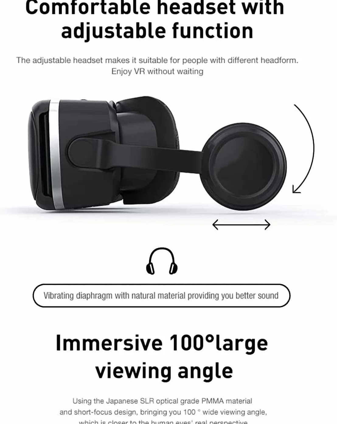 Okulary NK VR do smartfonów ze słuchawkami - Inteligentne okulary wirtualnej rzeczywistości 3D z dźwiękiem do smartfonów w zakresie od 4,7" do 6,53", kąt widzenia 90-100º, obrót o 360º, regulowany obiektyw i źrenica - czarne