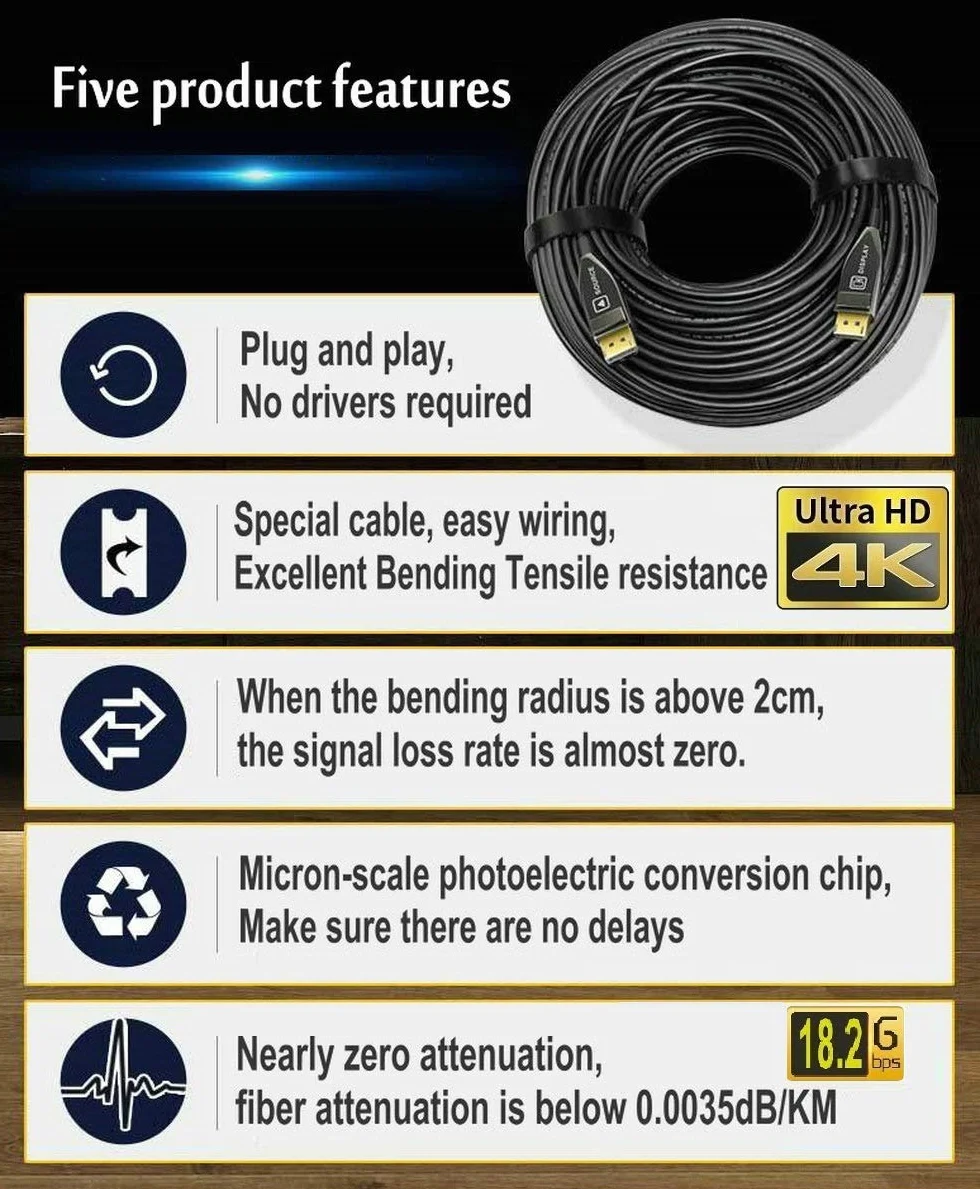 3 metry DisplayPort (DP) do HDMI Kabel światłowodowy AOC 18 G 4 K przy 60 Hz UHD pozłacany przewód do PC, karty graficznej, laptopa, monitora HDTV, niebieski odtwarzacz Ray
