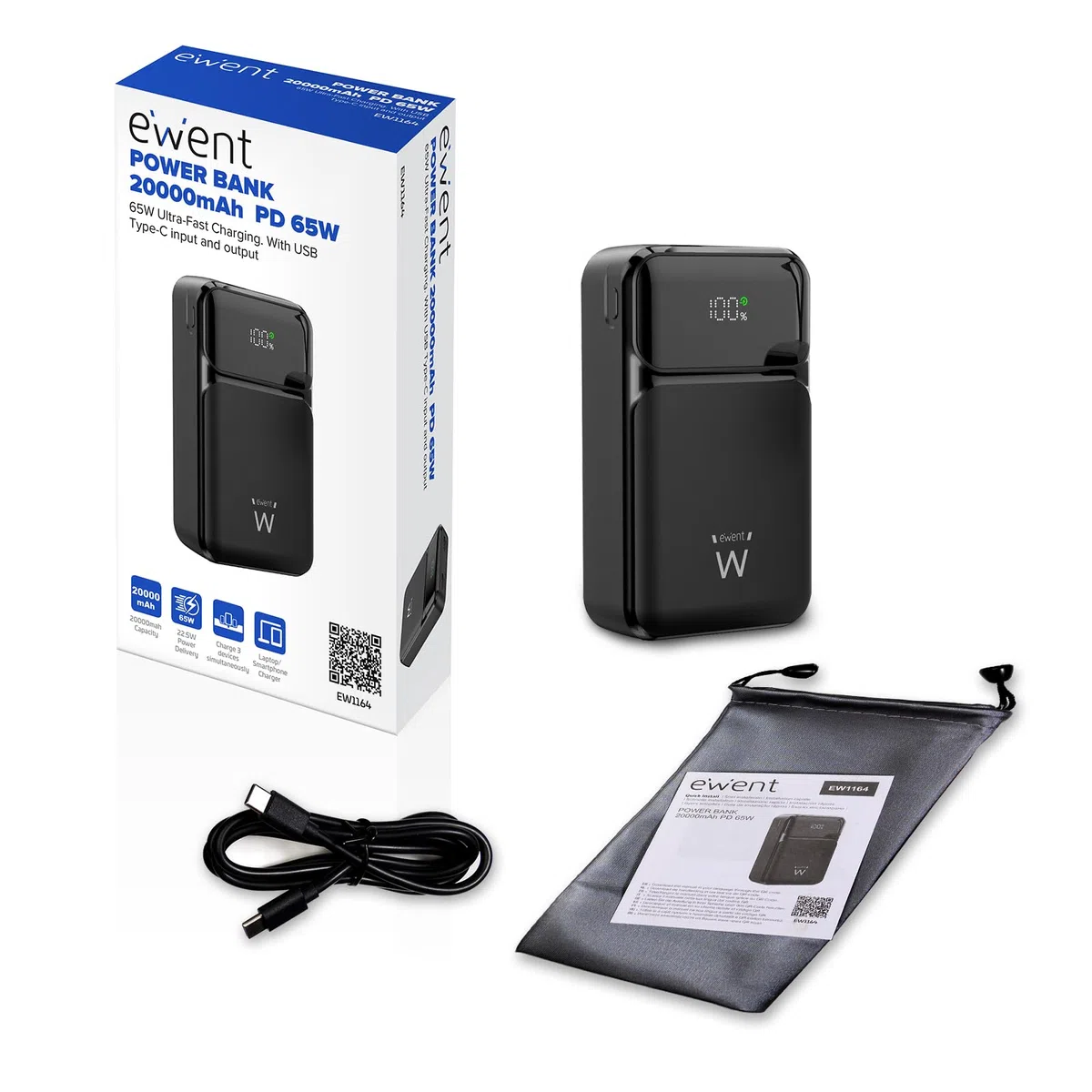 Ewent 65 W Power Bank, 65 W, 20000 mAh, zewnętrzna bateria szybkiego ładowania, przenośna ładowarka USB C wejście i wyjście do MacBooka Pro Steam Deck iPhone 16, 15, 14, 13, 12 Pro Mini MAX, Samsung